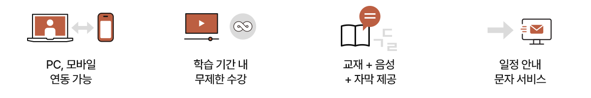 PC, 모바일
연동 가능, 학습 기간 내 무제한 수강, 교재 + 음성 + 자막 제공, 일정 안내 문자 서비스