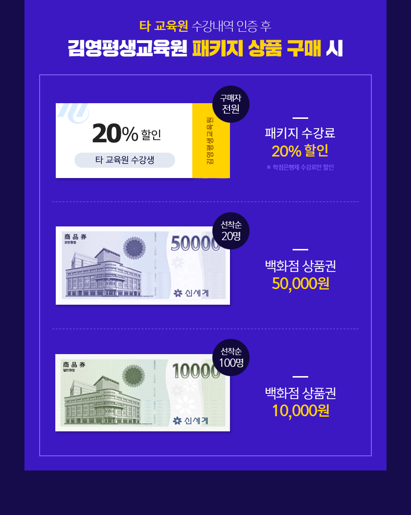 타교육원 수강내역 인증 후 김영평생교육원 패키지 상품 구매 시 패키지 수강료 30%할인, 백화점상품권 증정