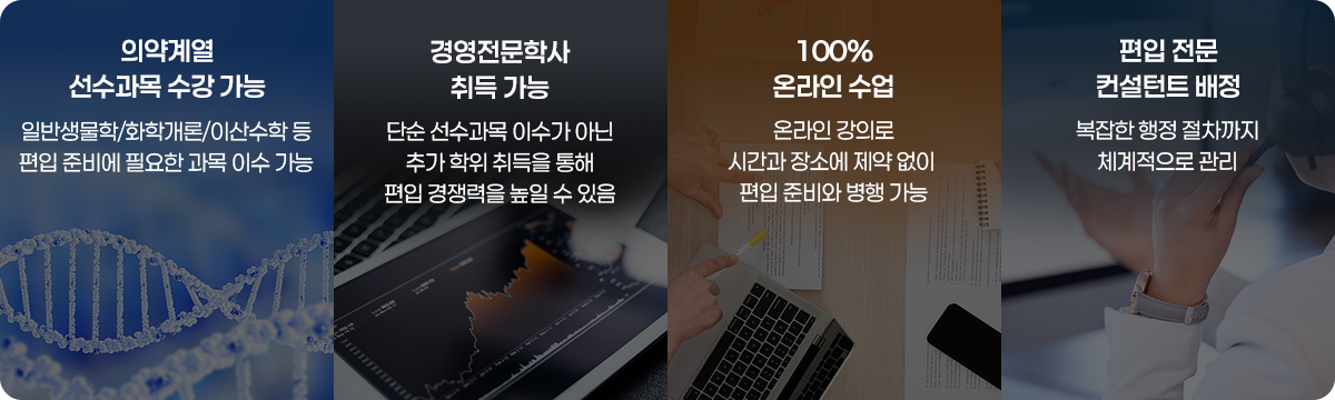 의약계열 선수과목 수강 가능, 경영전문학사 취득 가능, 100% 온라인 수업, 편입 전부 컨설턴트 배정