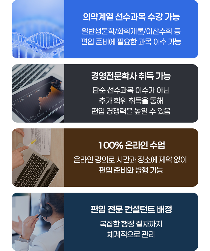 의약계열 선수과목 수강 가능, 경영전문학사 취득 가능, 100% 온라인 수업, 편입 전부 컨설턴트 배정